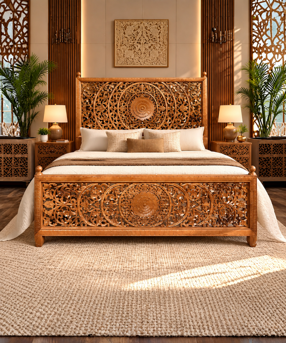 Hand-Carved Wooden King Bed Ornate Floral Headboard & Footboard
