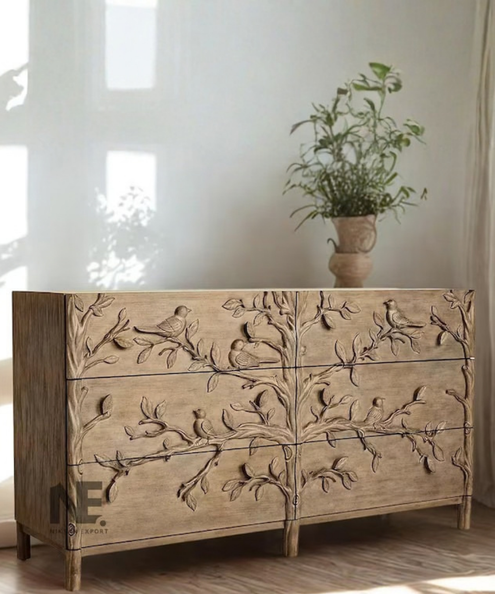 Hand-Carved Bird Dresser 6-Drawer Wooden Chest