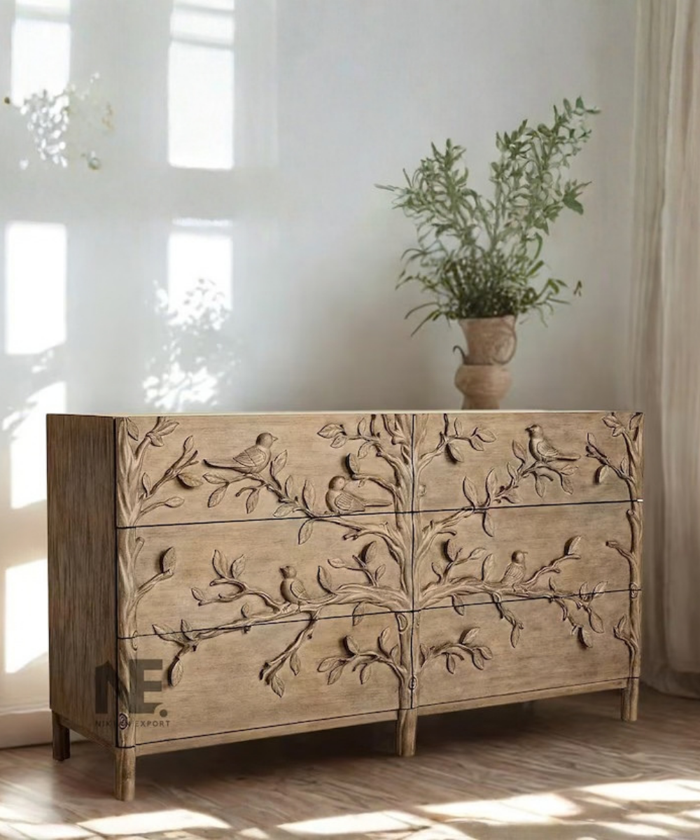 Hand-Carved Bird Dresser 6-Drawer Wooden Chest