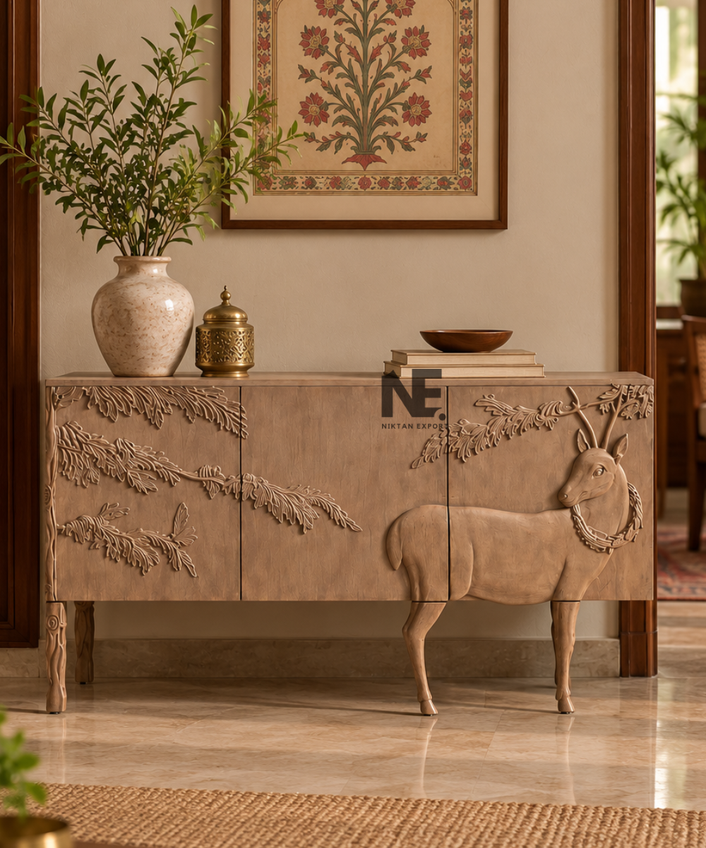Hand-Carved Wooden Deer Sideboard with Nature-Inspired Relief