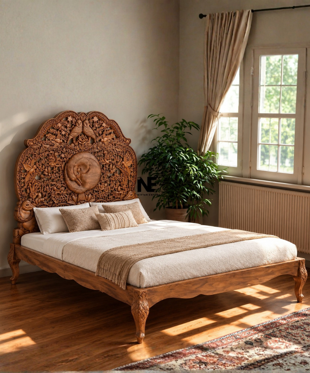 Hand-carved wildlife wooden bed frame