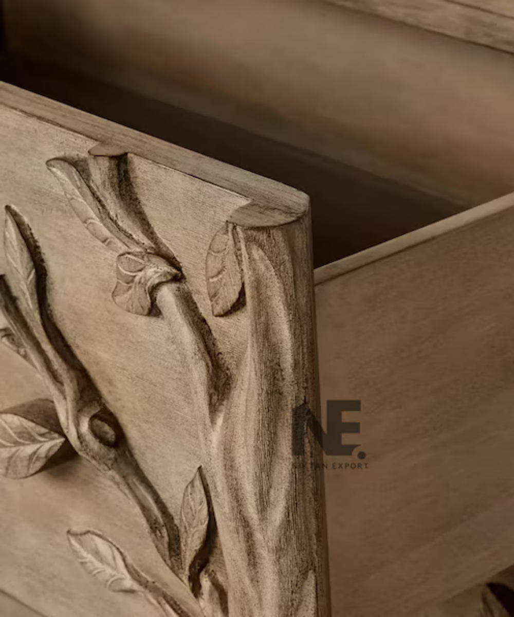 Hand-Carved Bird Dresser 6-Drawer Wooden Chest