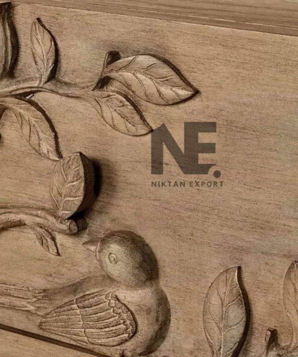 Hand-Carved Bird Dresser 6-Drawer Wooden Chest