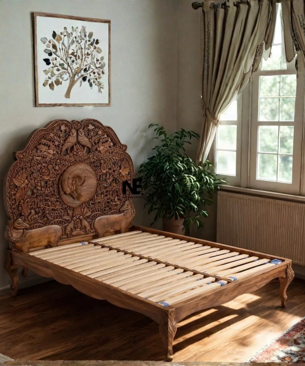 Solid wood bed with deer fox and owl carving