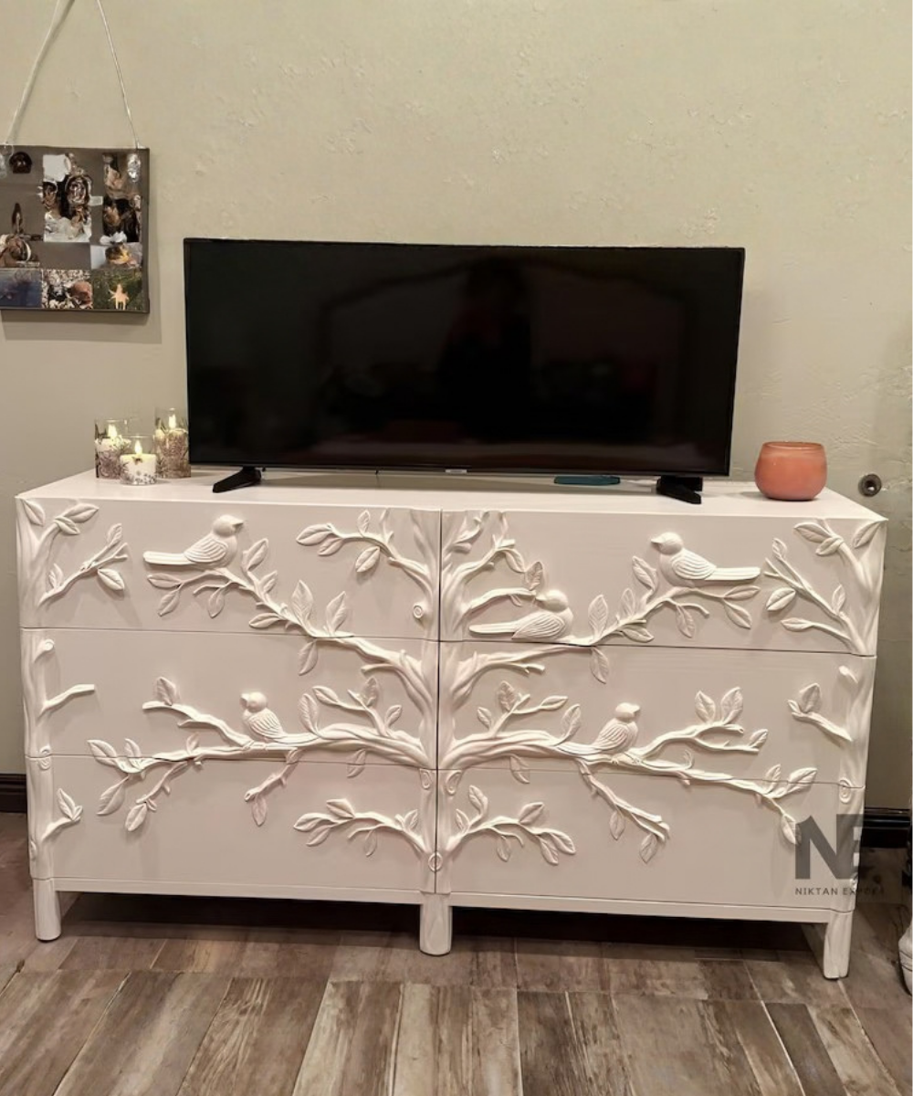 Hand-Carved Bird Dresser 6-Drawer Wooden Chest