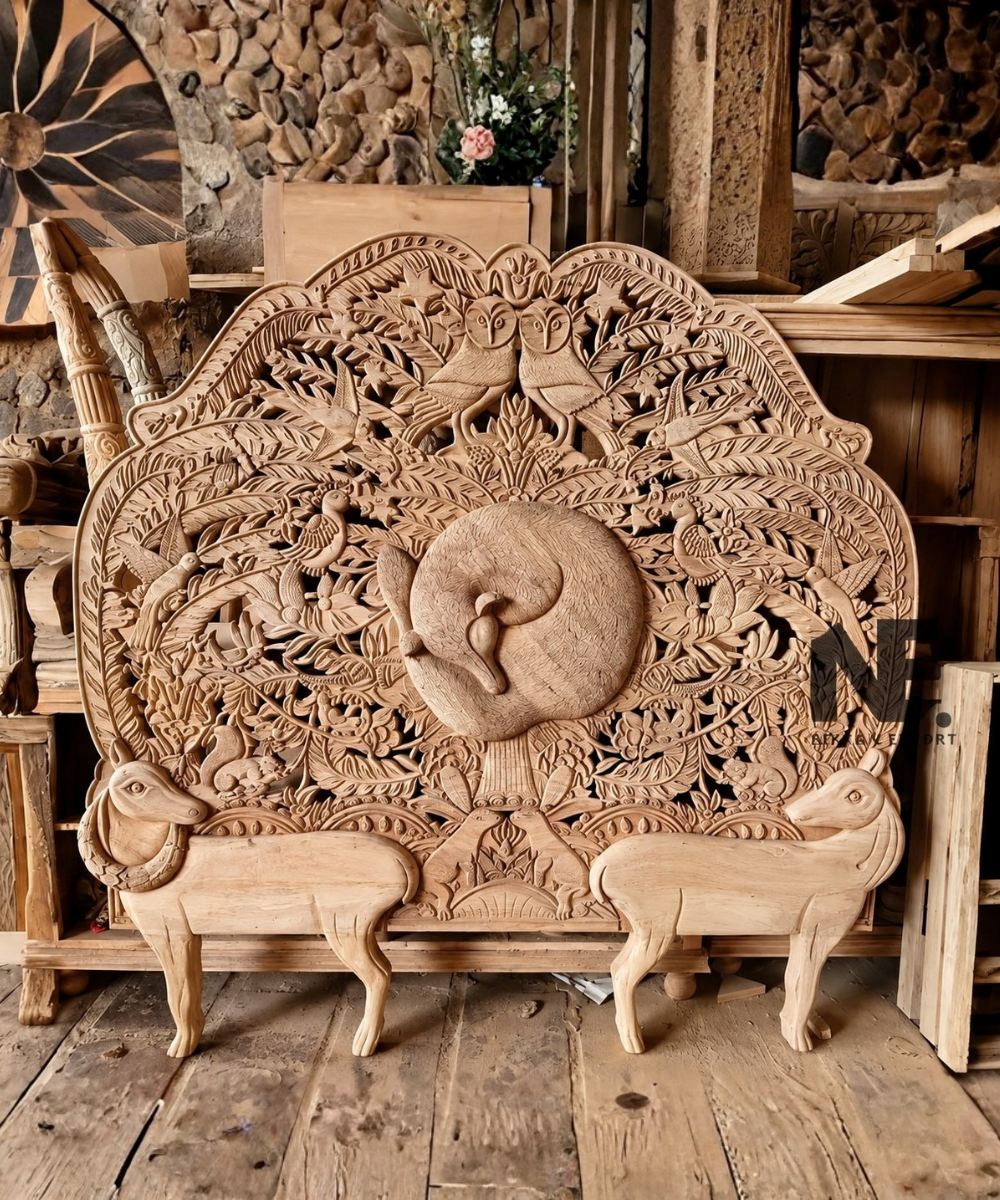 Wildlife carved wooden bed with forest design