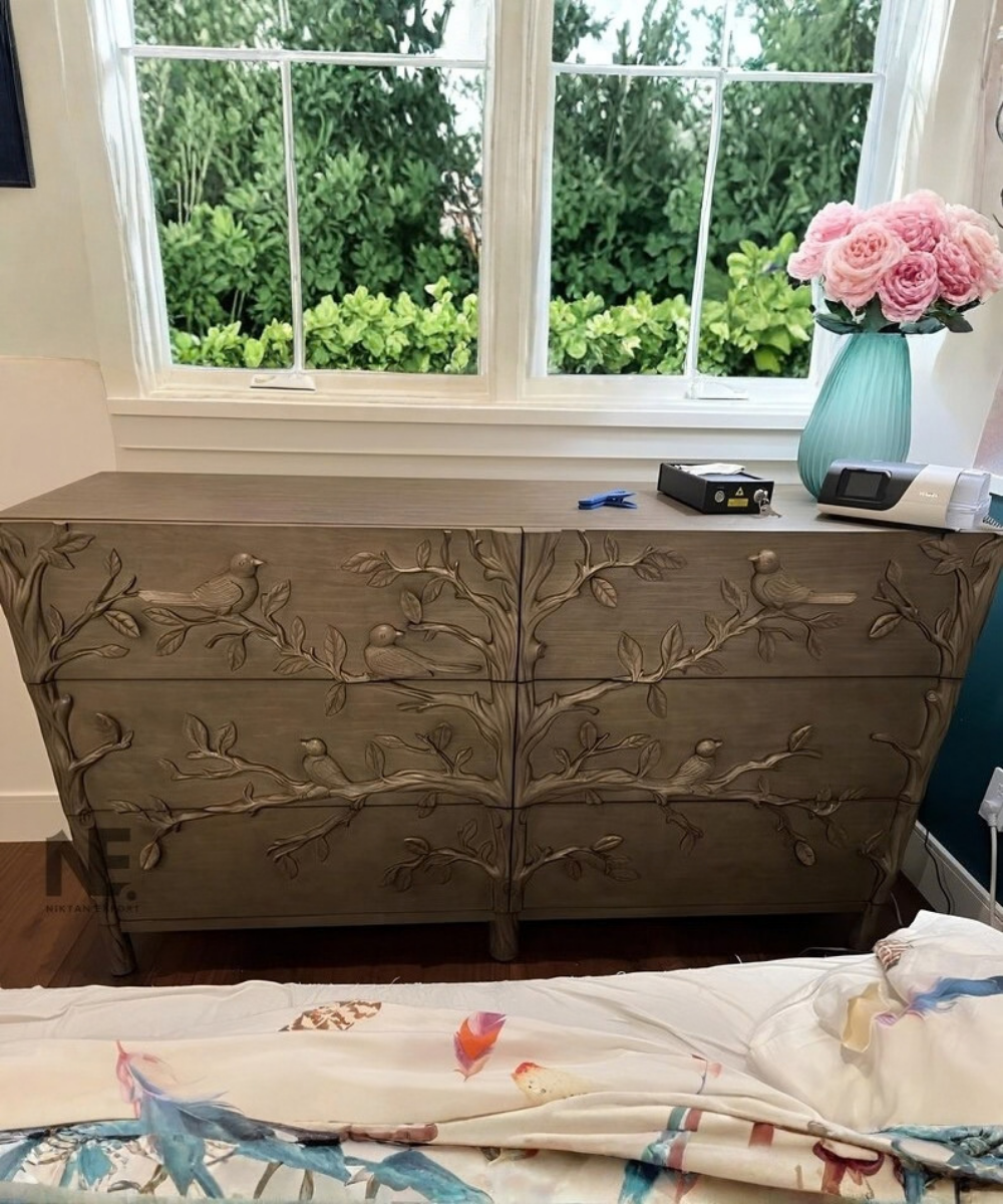 Hand-Carved Bird Dresser 6-Drawer Wooden Chest