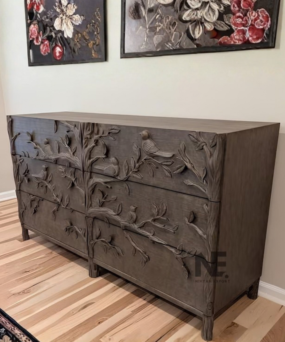 Hand-Carved Bird Dresser 6-Drawer Wooden Chest