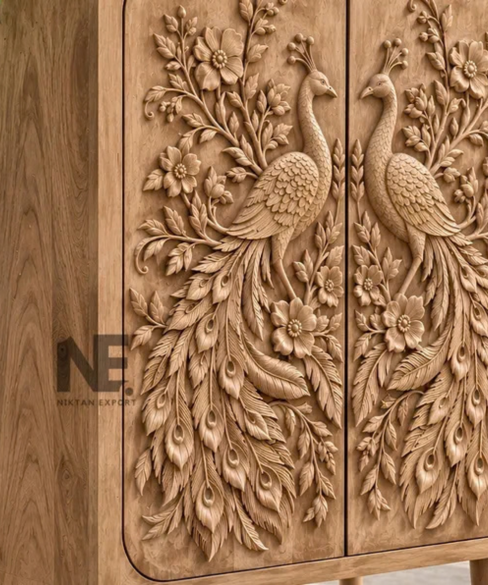 Peacock carved wooden storage cabinet