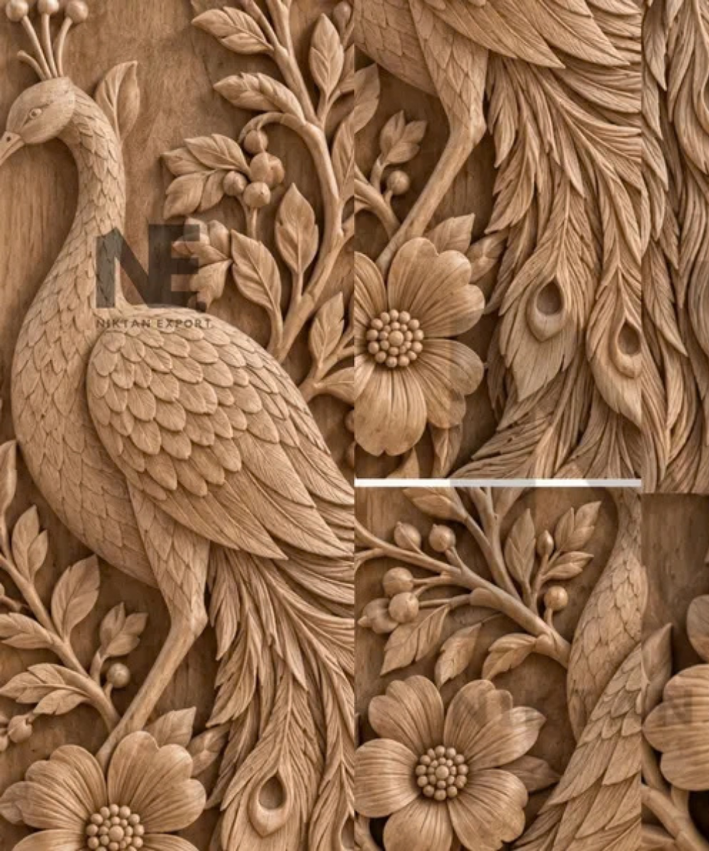 Hand-carved mango wood cabinet with floral details
