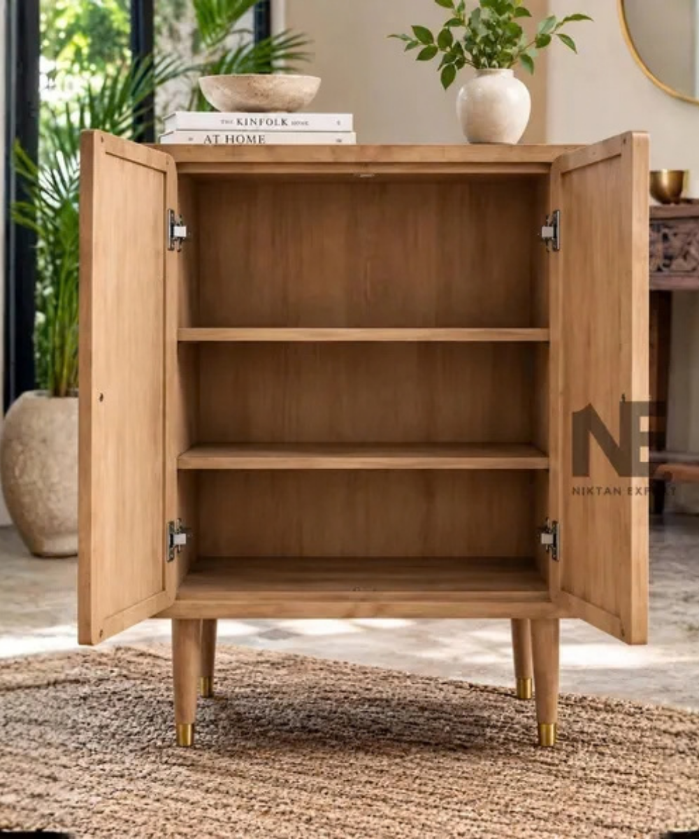 Mango wood cabinet with two carved peacocks