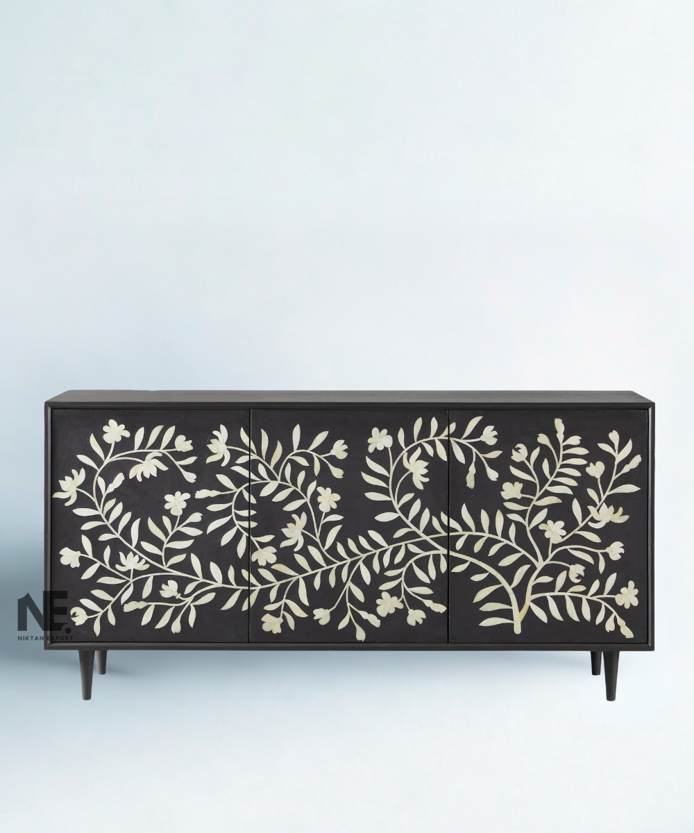 Front view of black bone inlay media console with floral doors