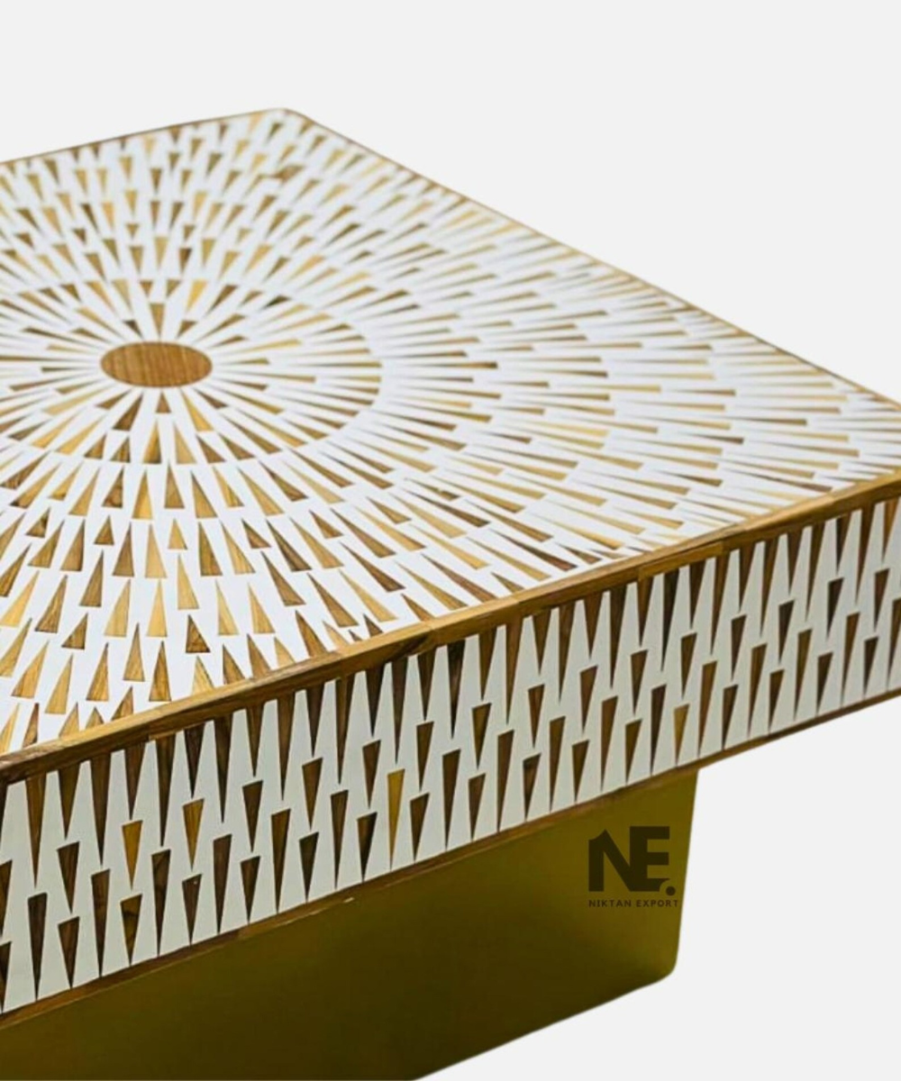 Geometric bone inlay coffee table handcrafted in India