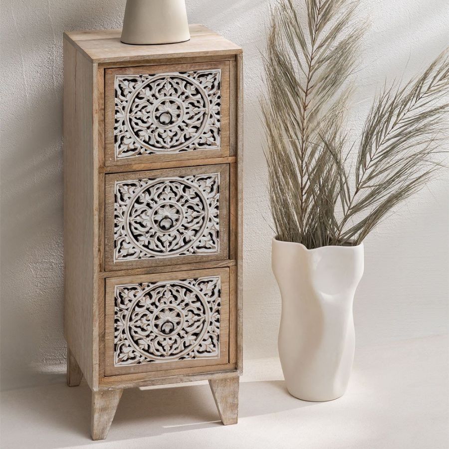 Hand Carved Chest of 3 Drawers Natural Color - NikTan Export