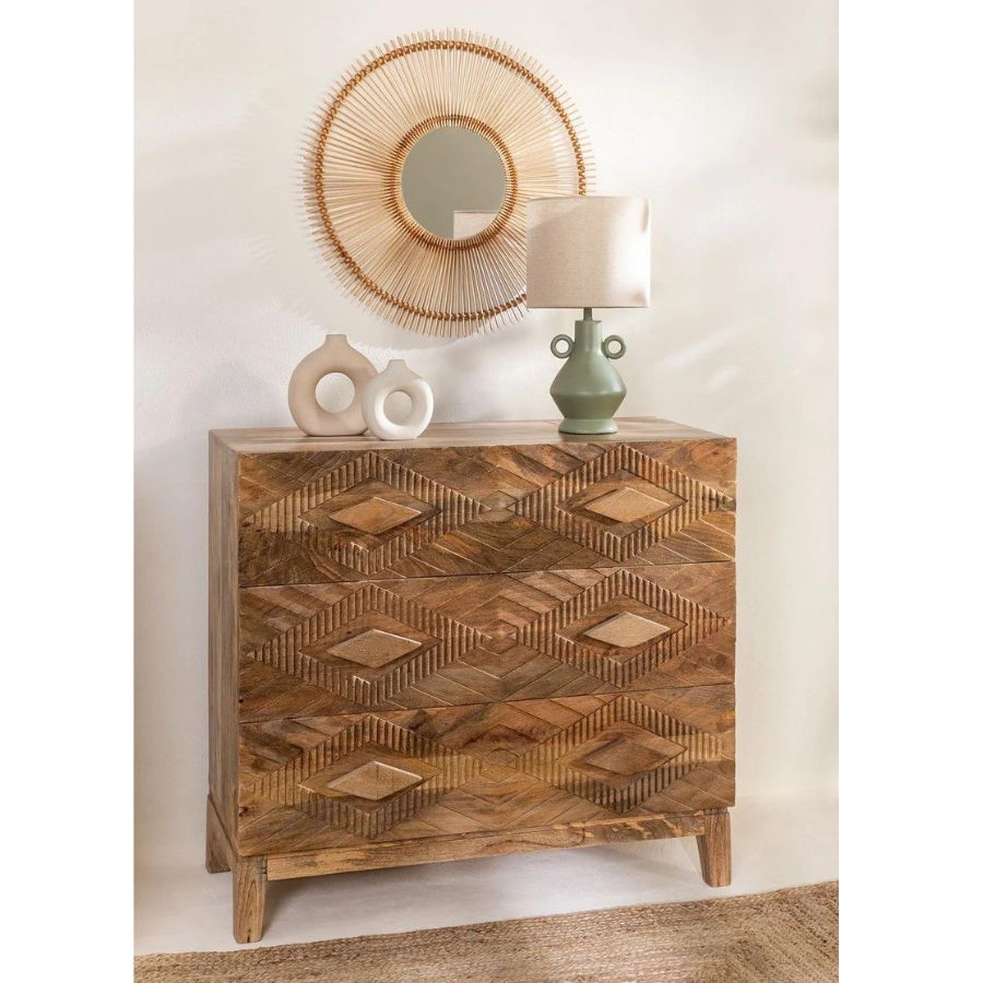 Hand Carved geometric Wood Dresser - NikTan Export