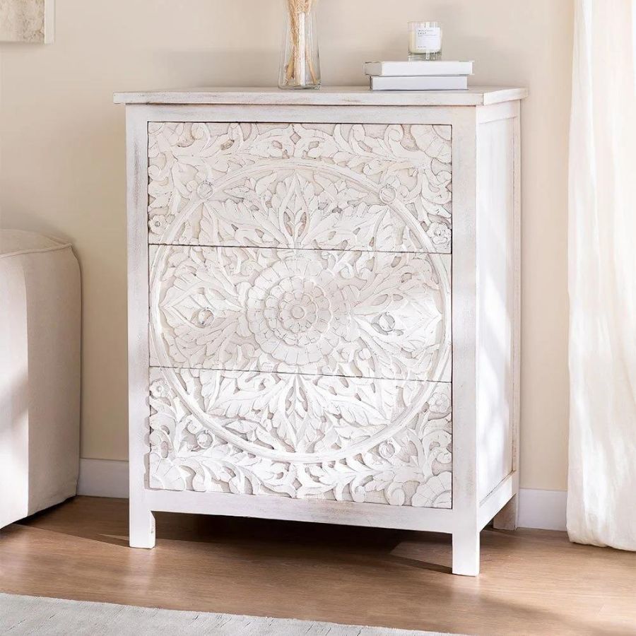 Floral Hand Carved Wood White Chest of Drawers - NikTan Export