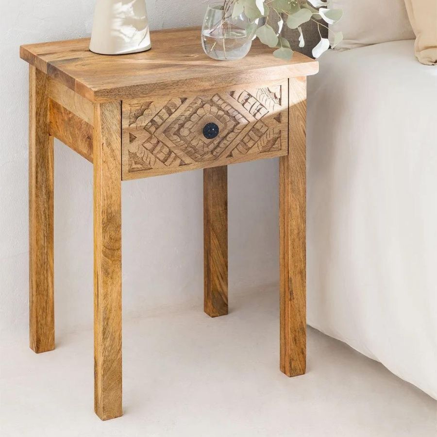 Hand Carved Bedside Table Single Drawer - NikTan Export