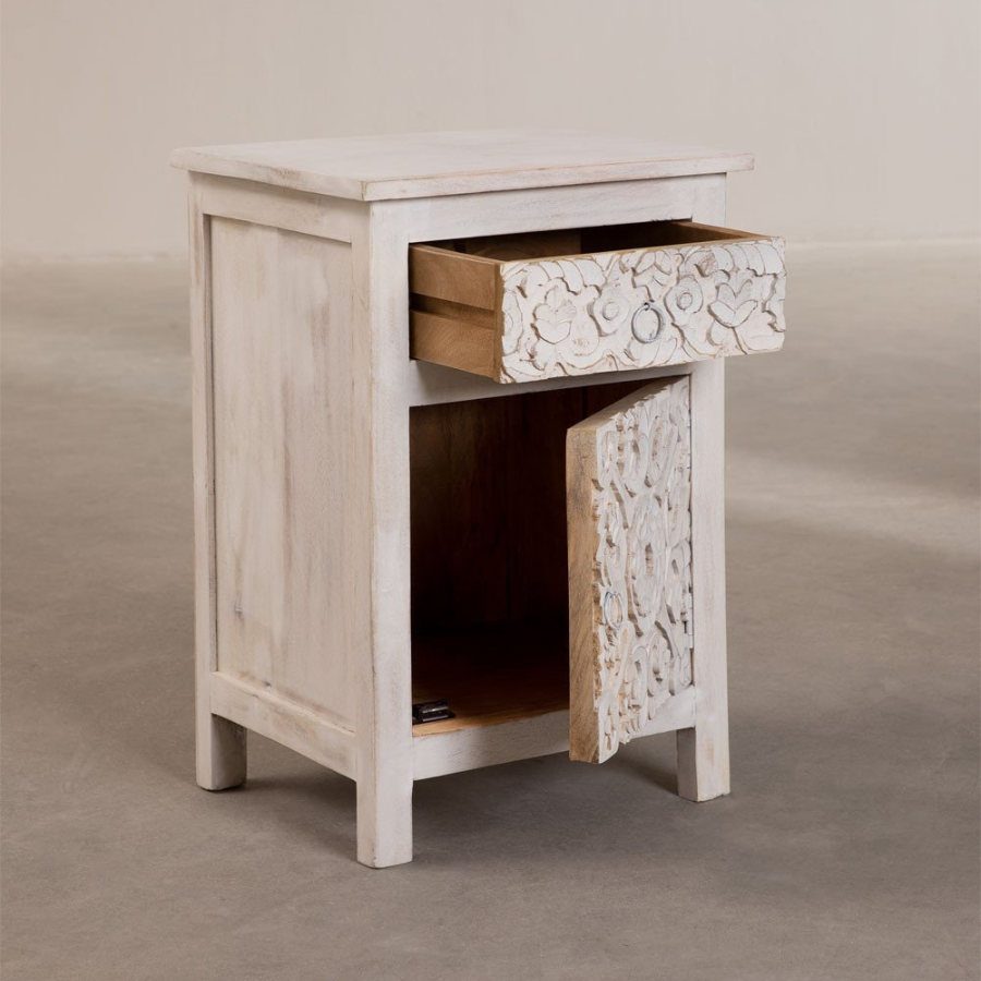 Handcarving Wooden Floral Nightstand White - NikTan Export