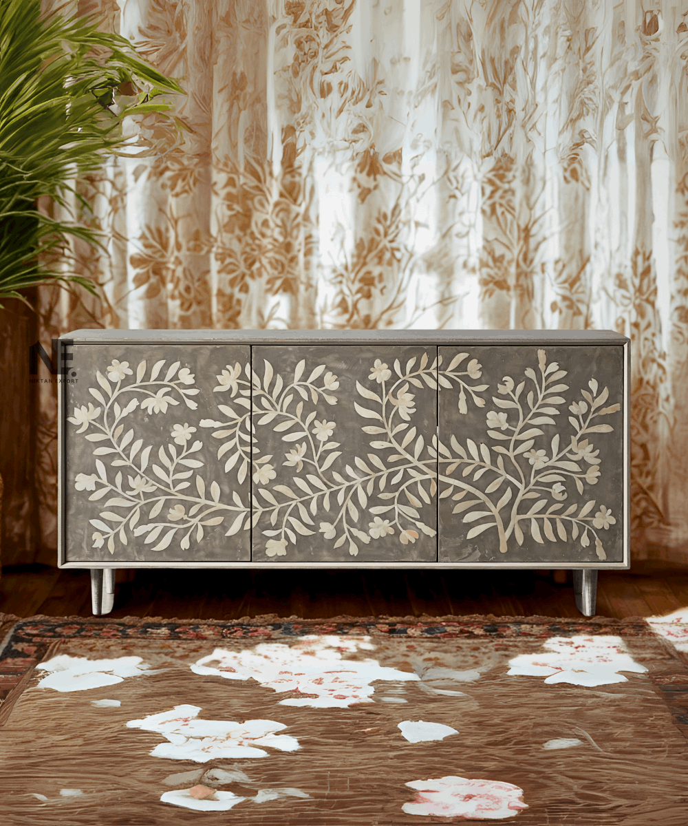 Front view of grey bone inlay media console with floral design