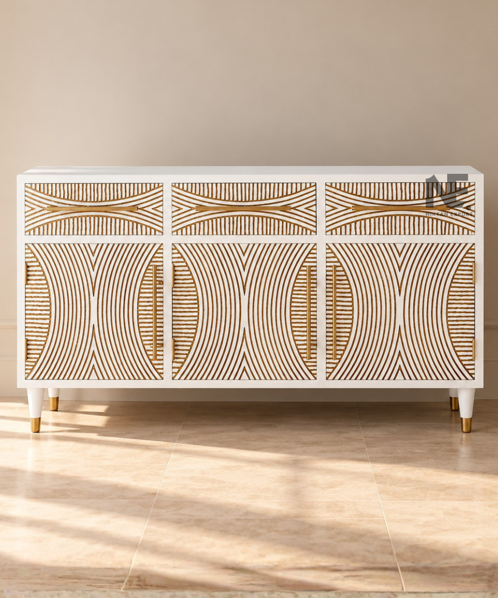White and gold geometric sideboard with three drawers and three doors