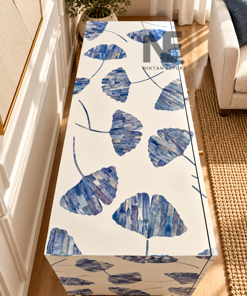 Blue botanical bone inlay sideboard