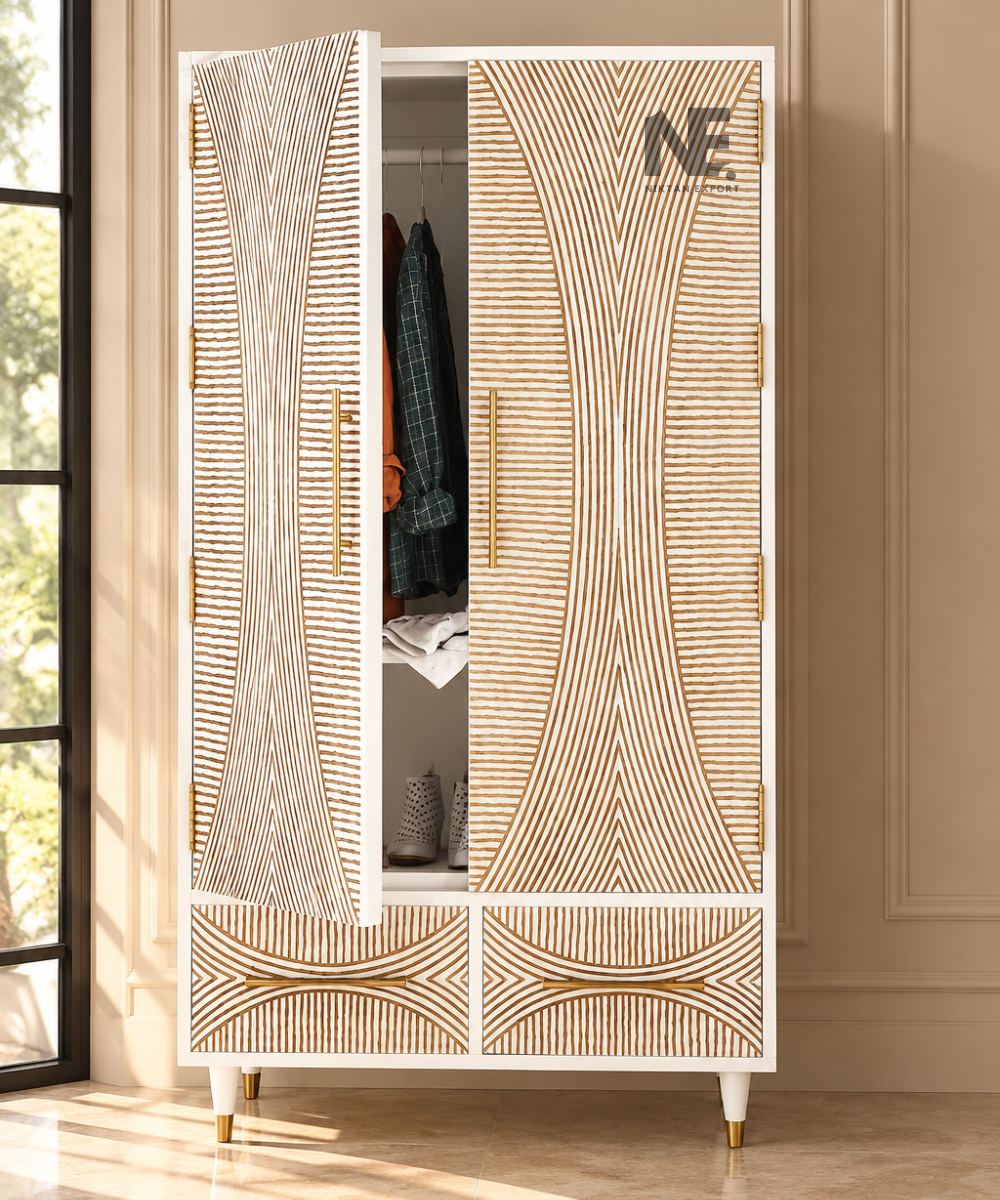 White and gold wardrobe with decorative geometric doors