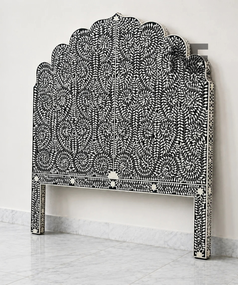 Floral bone inlay bed headboard