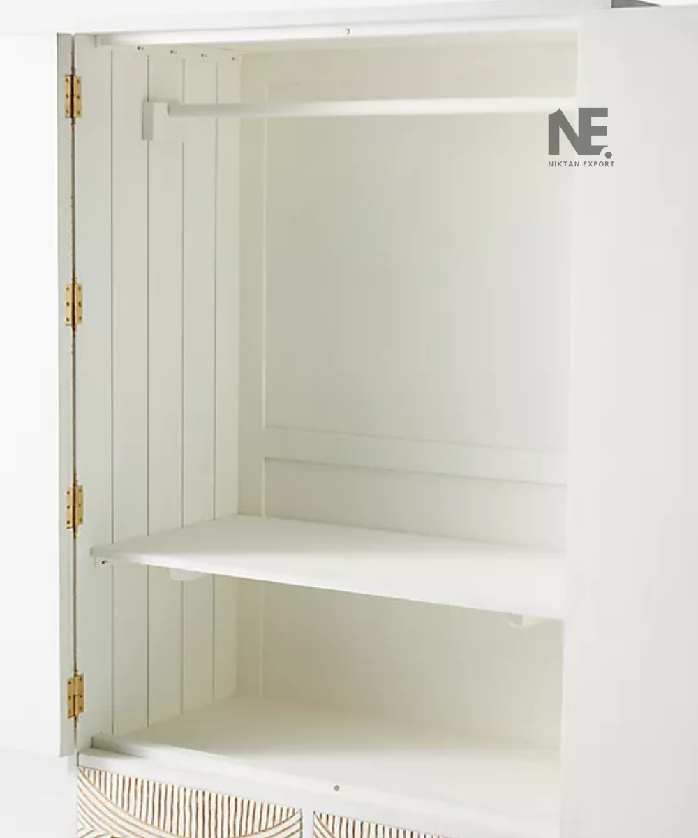 Front view of white wardrobe with gold-tone handles