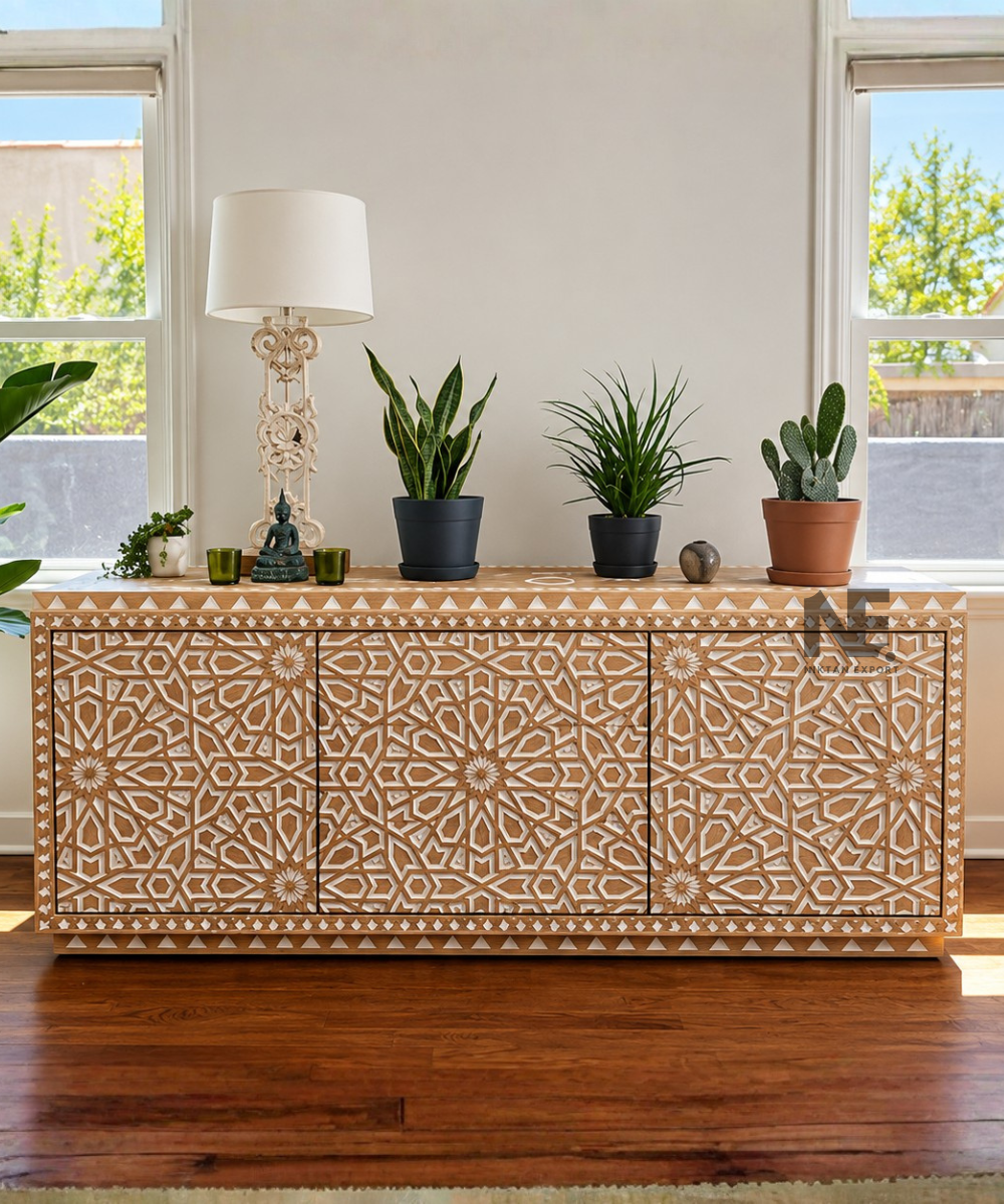Hand-carved wooden sideboard with two doors and three central drawers