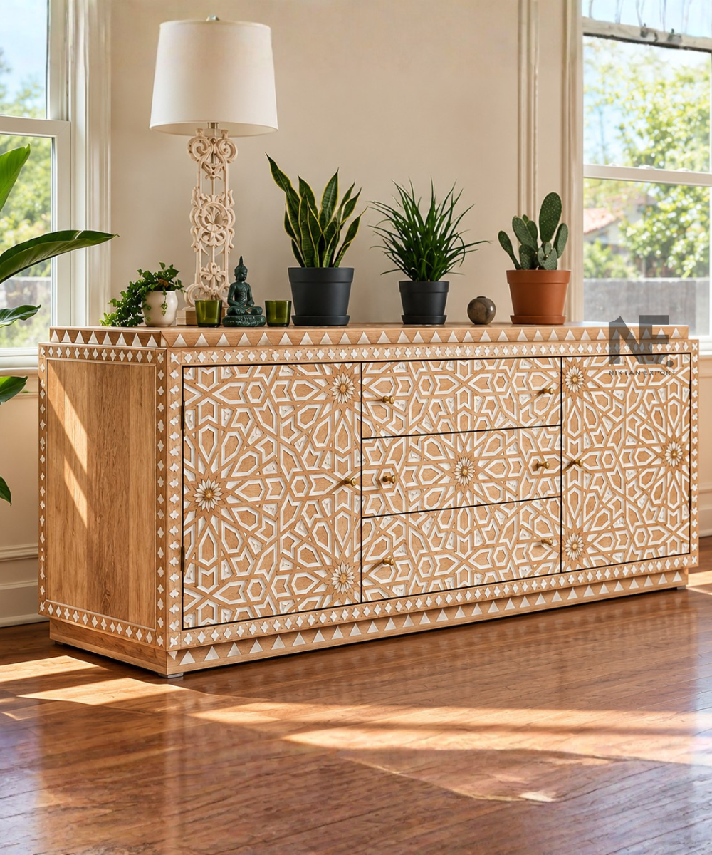 Front view of geometric carved wooden sideboard