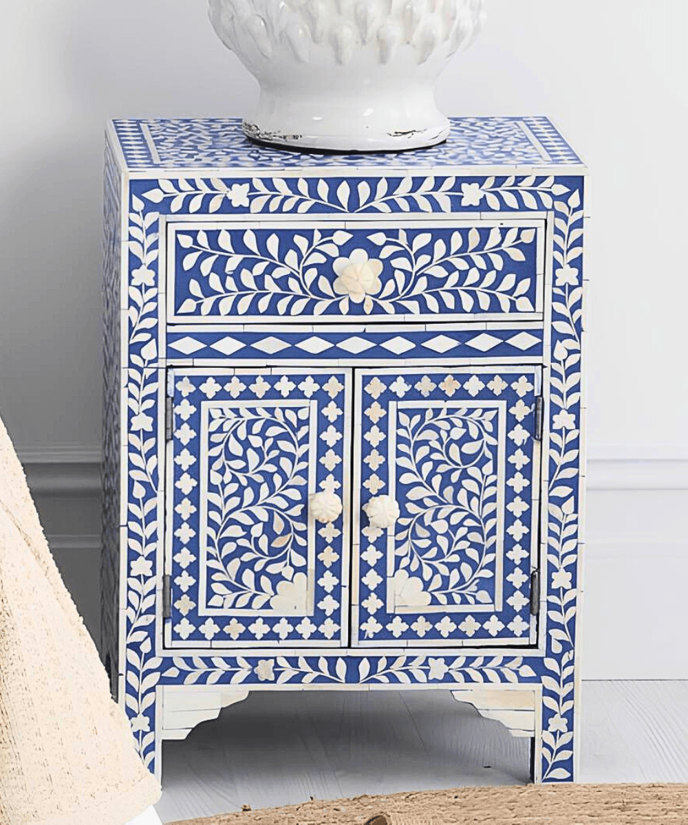 Niktan Export Handcrafted Bone Inlay Bedside Table Navy Floral Design - NikTan Export