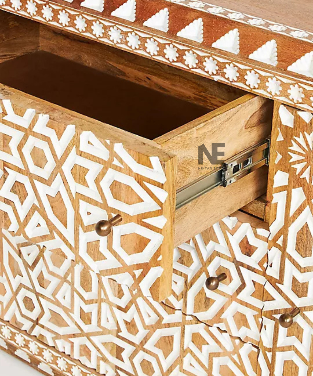 Wooden sideboard featuring two side doors and three drawers