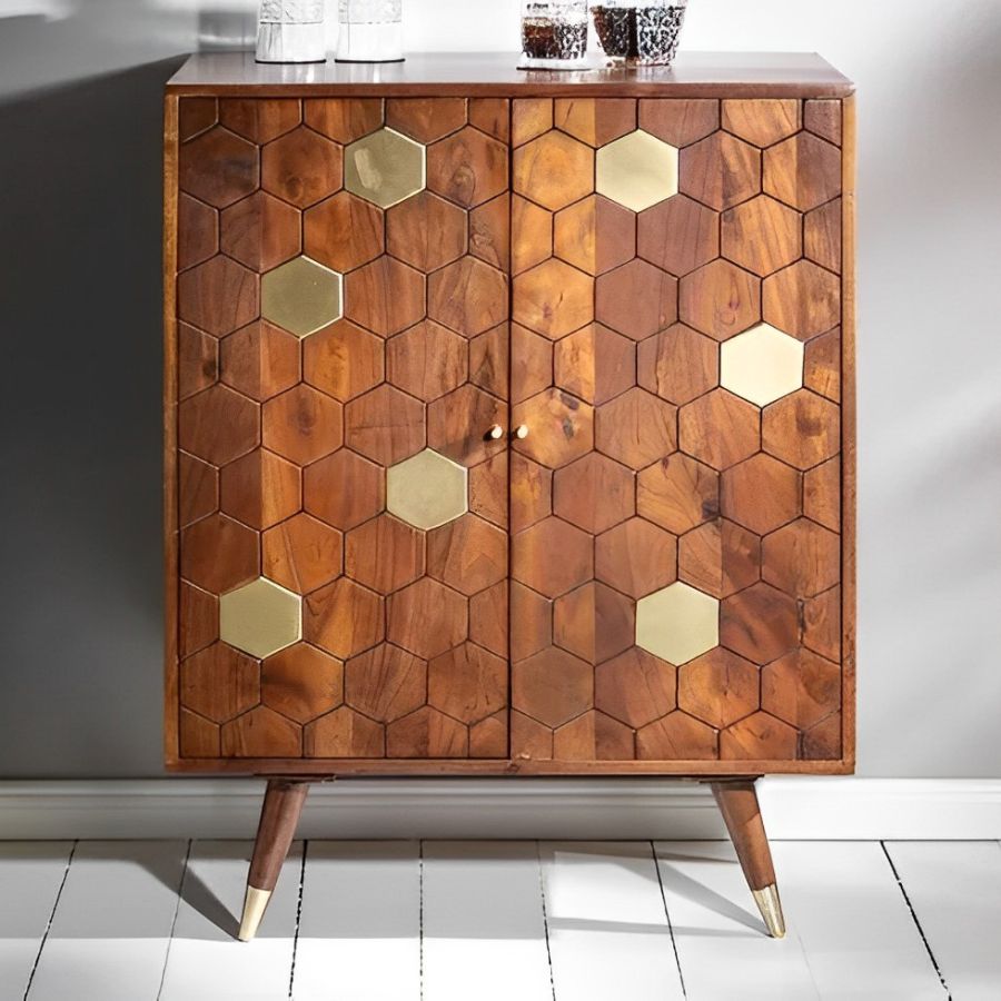 Solid Bar Cabinet MYSTIC LIVING 75cm Acacia Brown Gold Retro Design