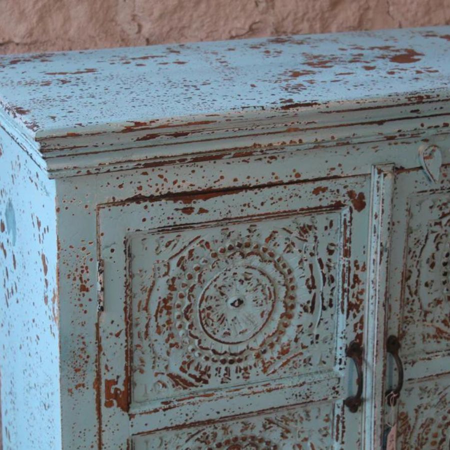 Ghera Style Carved Blue Antique Sideboard - NikTan Export