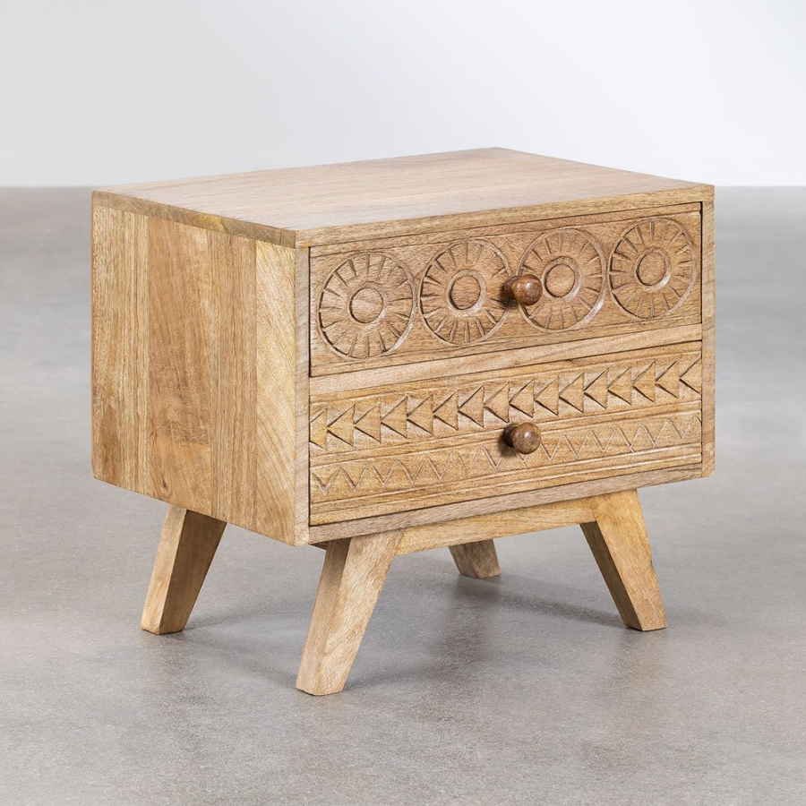 Handcarving Mango Wood Bedside Table - NikTan Export