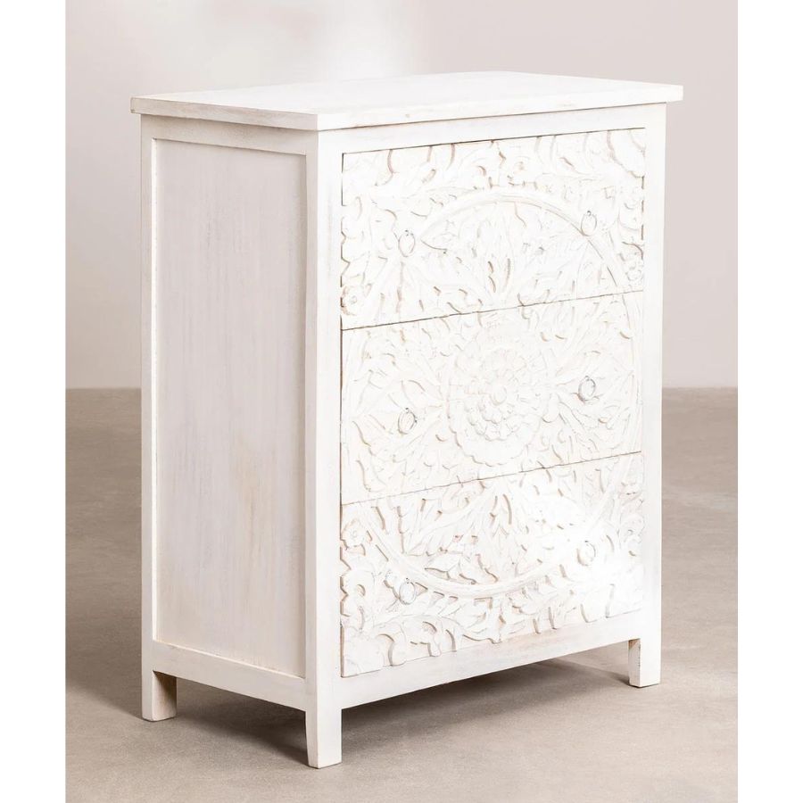 Floral Hand Carved Wood White Chest of Drawers - NikTan Export