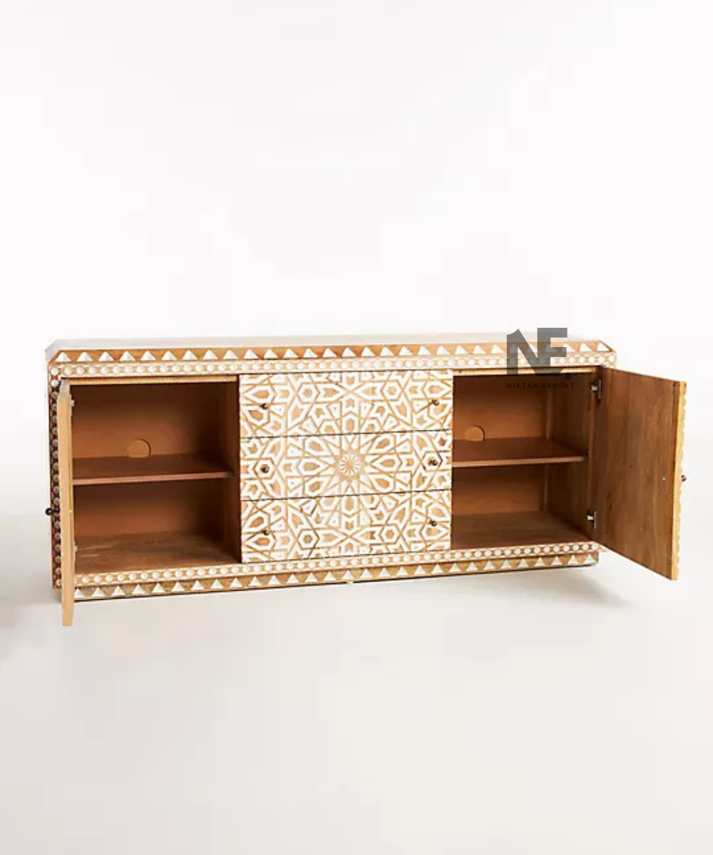 Natural wood sideboard with intricate geometric carving