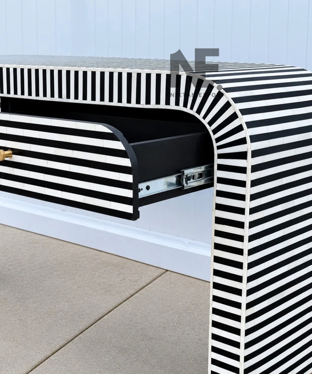 Black and white striped console table front view
