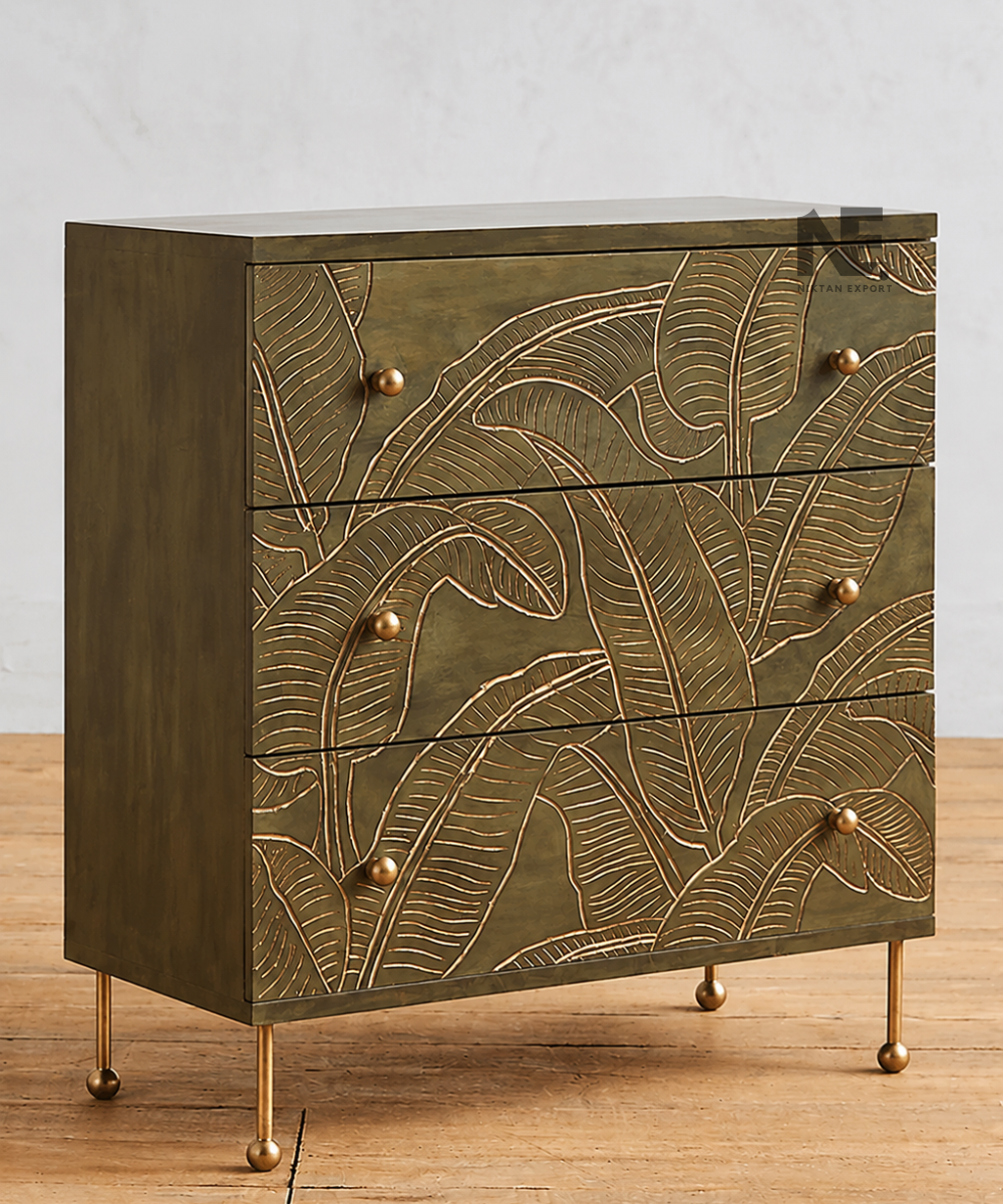 Front view of olive green wooden chest with three drawers