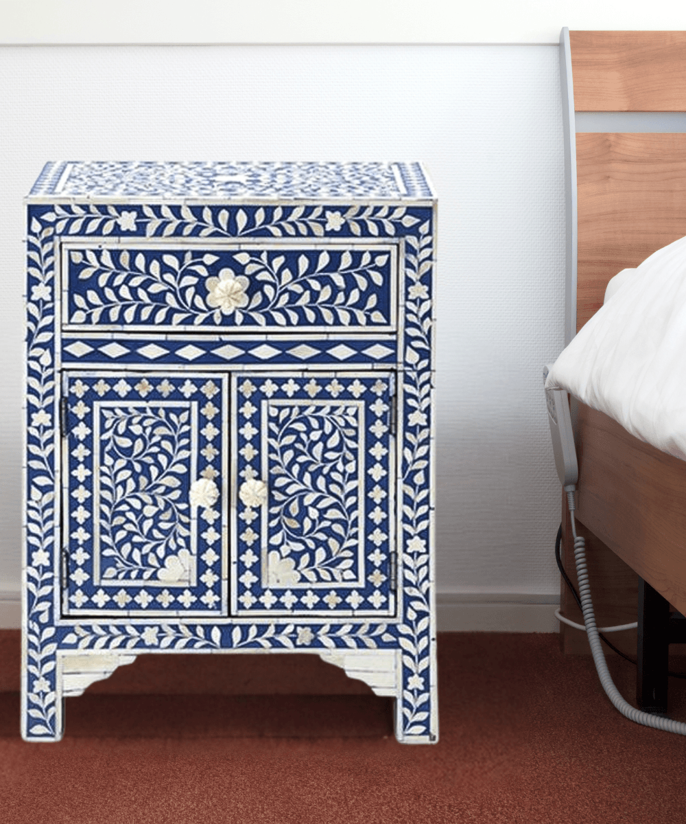 Niktan Export Handcrafted Bone Inlay Bedside Table Navy Floral Design - NikTan Export