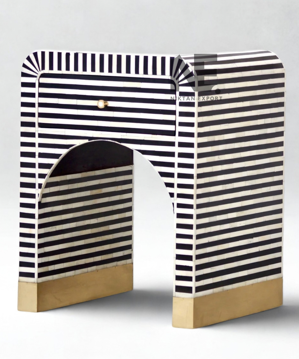 Bone Inlay Bedside Table Striped Design with Gold Accents