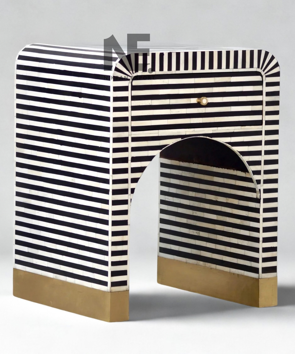 Bone Inlay Bedside Table Striped Design with Gold Accents