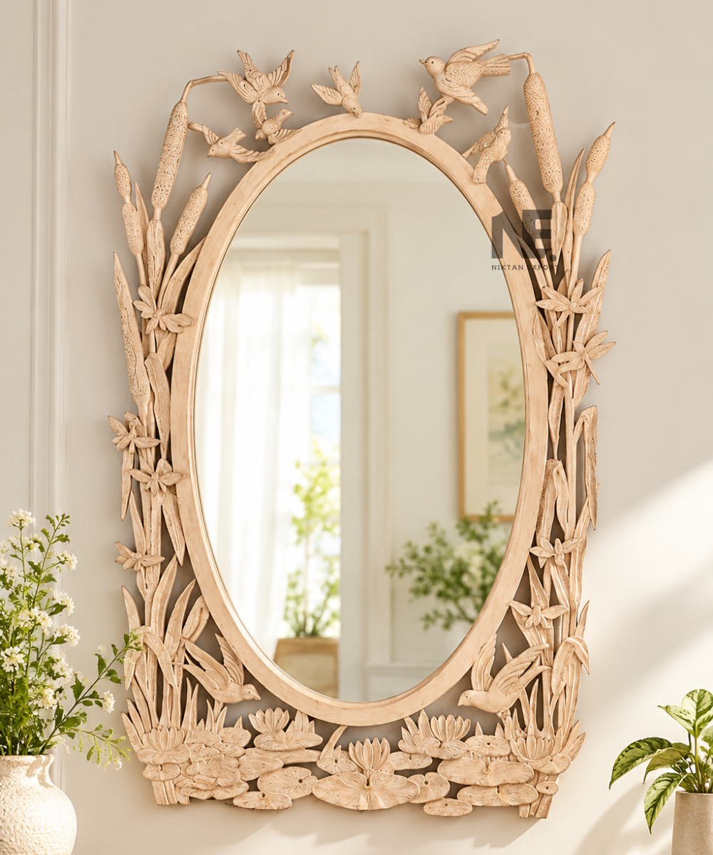 Hand-carved wooden oval mirror with birds and flowers