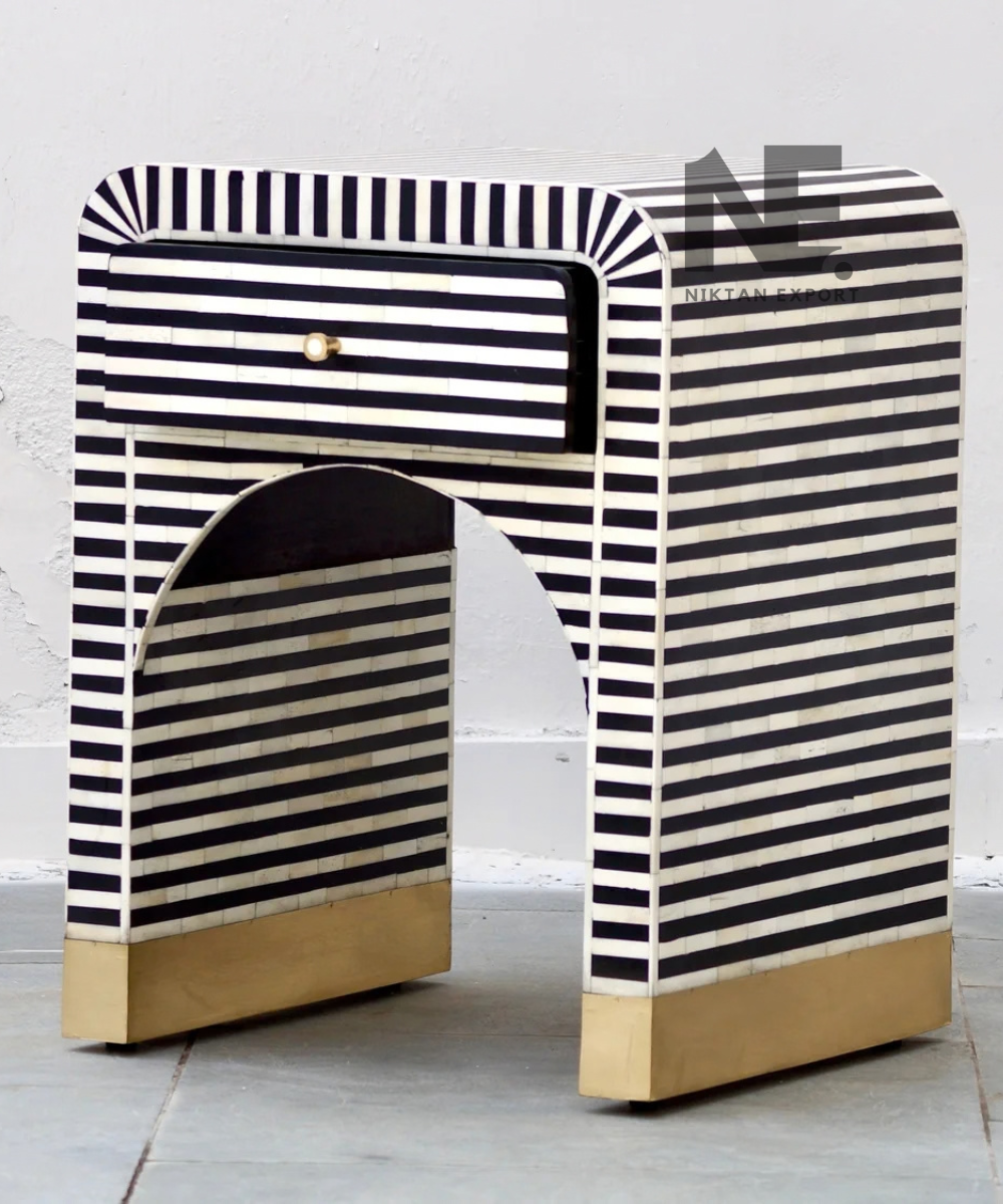 Bone Inlay Bedside Table Striped Design with Gold Accents