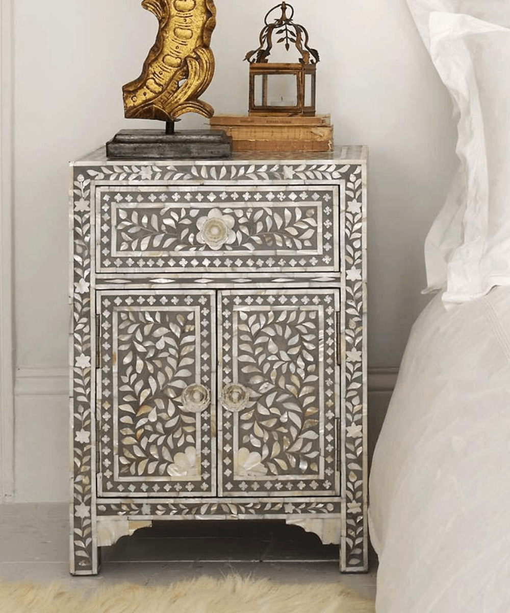まろんさま専用 Classic Grey Mother of Pearl Bedside Table - Niktan Export