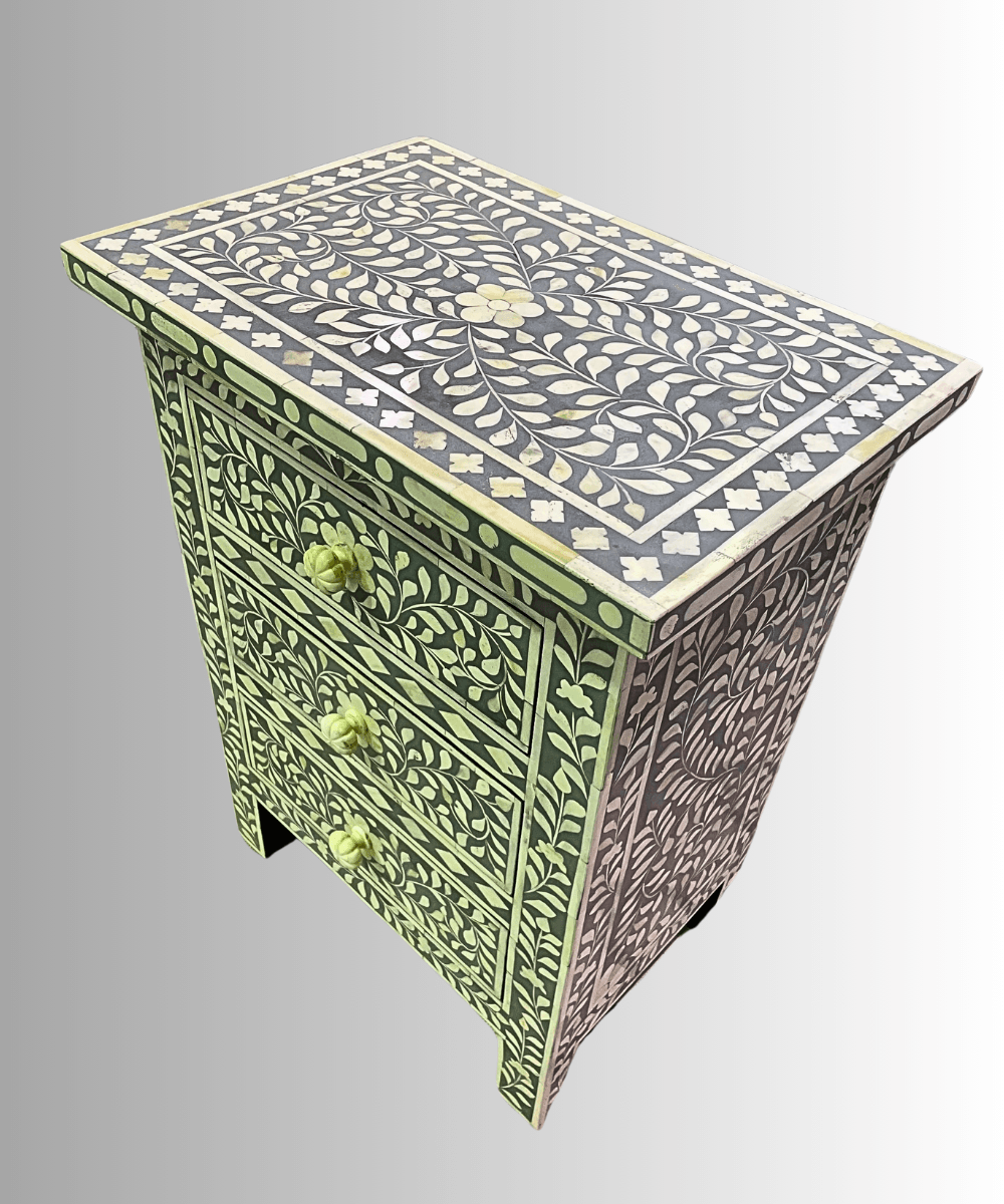 Niktan Export Bone Inlay 3 Drawers Bedside Table Mid Grey Floral - NikTan Export