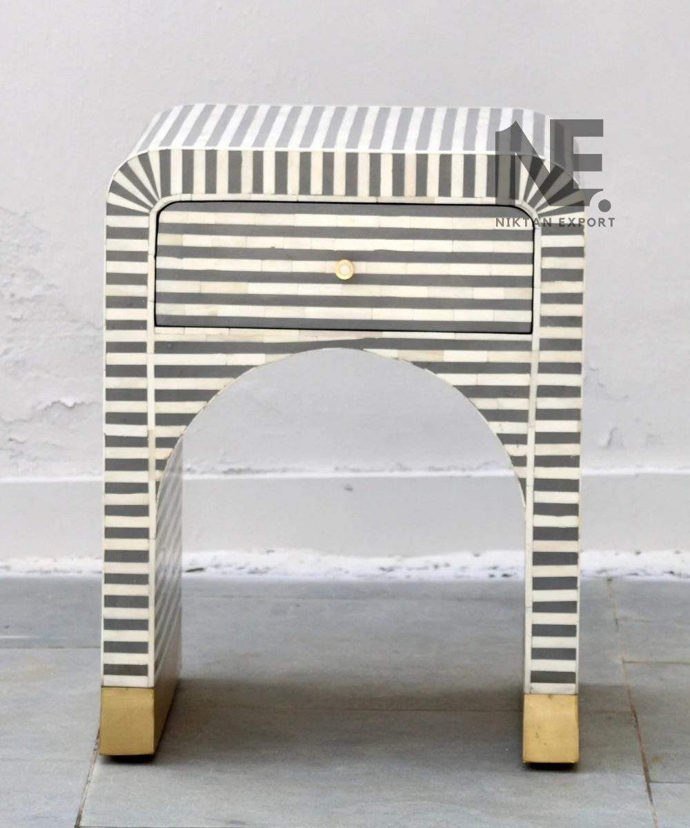 Bone Inlay Bedside Table Striped Design with Gold Accents
