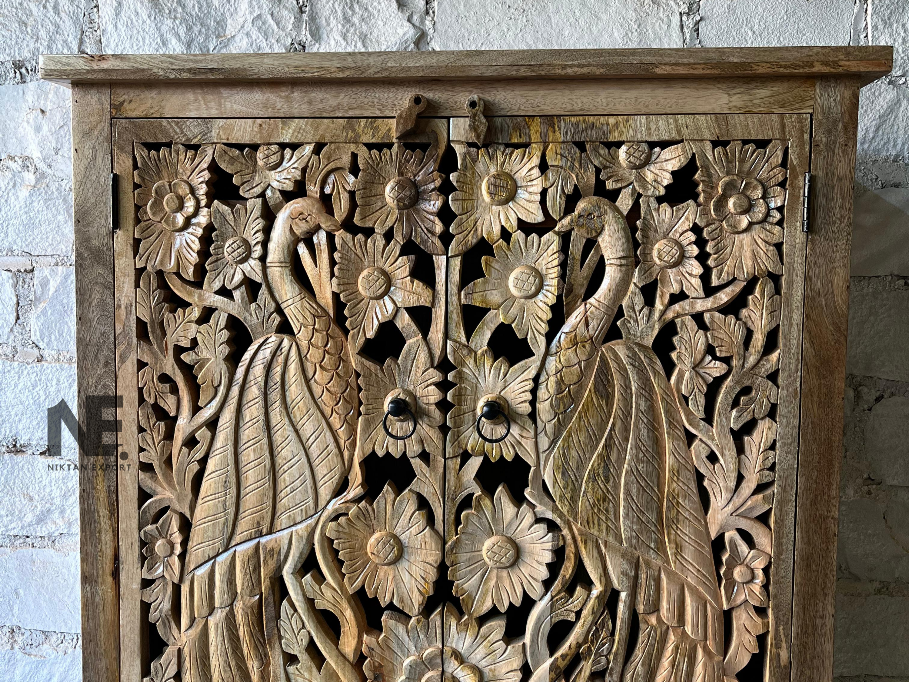 Exquisite Indian peacock armoire in natural solid mango wood finish