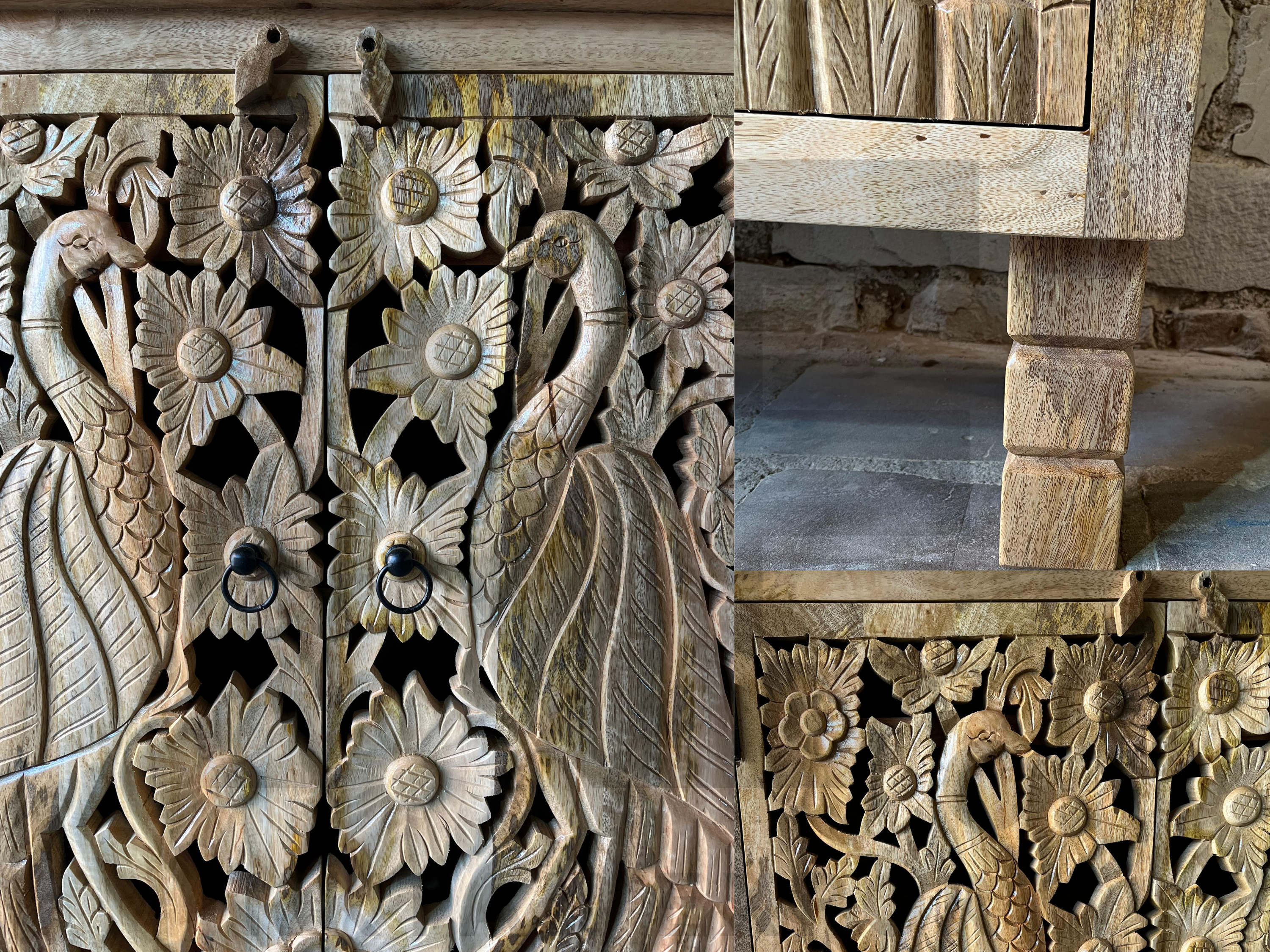 Handcrafted solid mango wood wardrobe with detailed peacock carvings