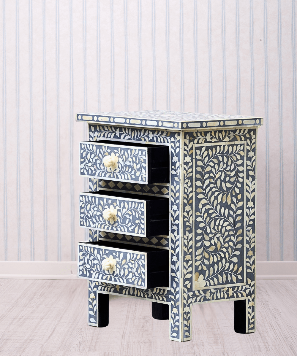 Niktan Export Bone Inlay 3 Drawers Bedside Table Mid Grey Floral - NikTan Export